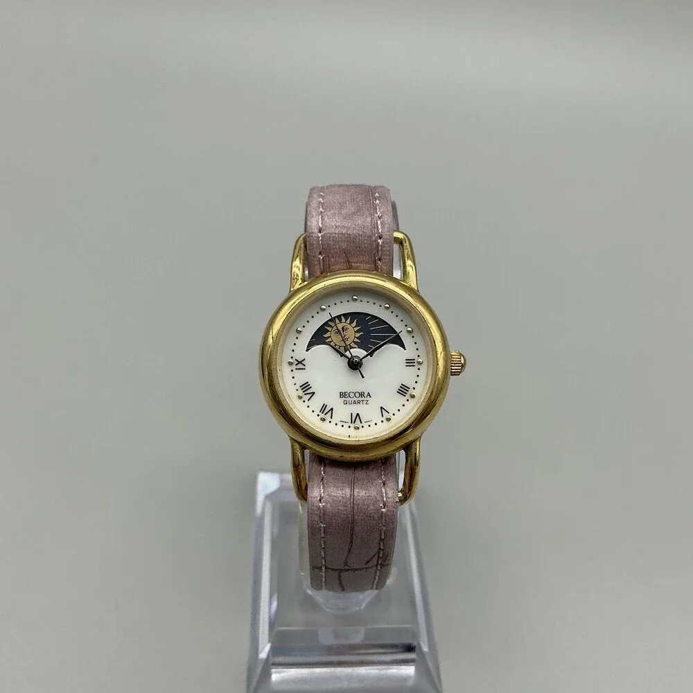 Becora V3080 Womens Watch 26mm Moon Phase Gold Tone Pink Strap New Battery
